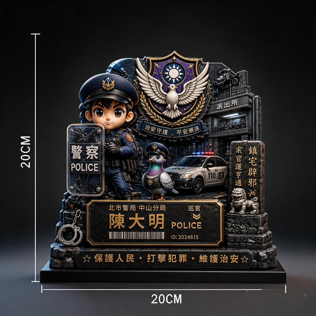 台灣警察客製化禮物｜3D 壓克力裝備櫃擺件｜姓名・警局・警號專屬客製