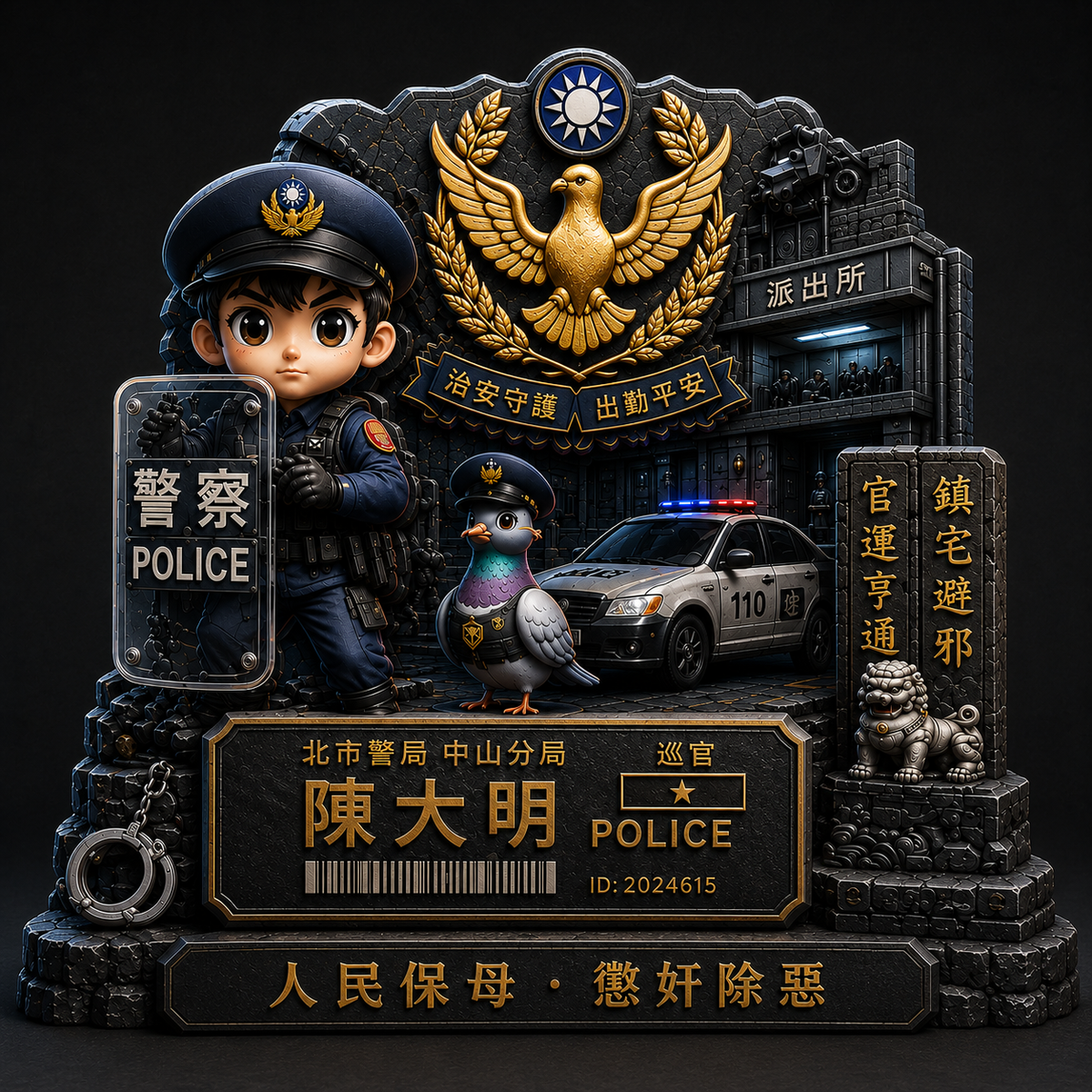 台灣警察客製化禮物｜3D 壓克力裝備櫃擺件｜姓名・警局・警號專屬客製