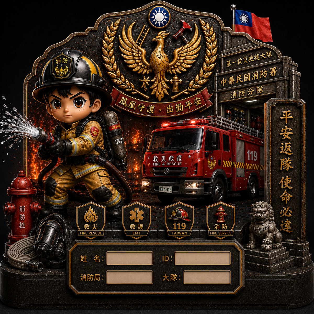 消防員客製化禮物｜3D 壓克力裝備櫃擺件｜名字專屬客製