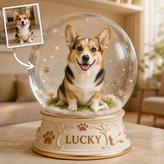 客製化柯基犬肖像水晶球｜LUCKY｜照片轉換示意