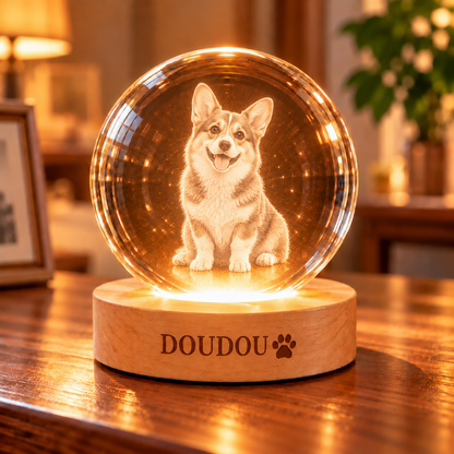 柯基犬 DOUDOU 全身坐姿客製發光內雕水晶球