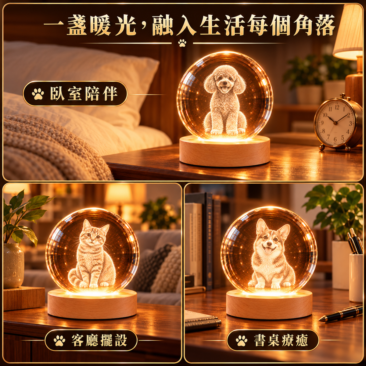全身坐姿寵物內雕水晶球臥室客廳與書桌場景