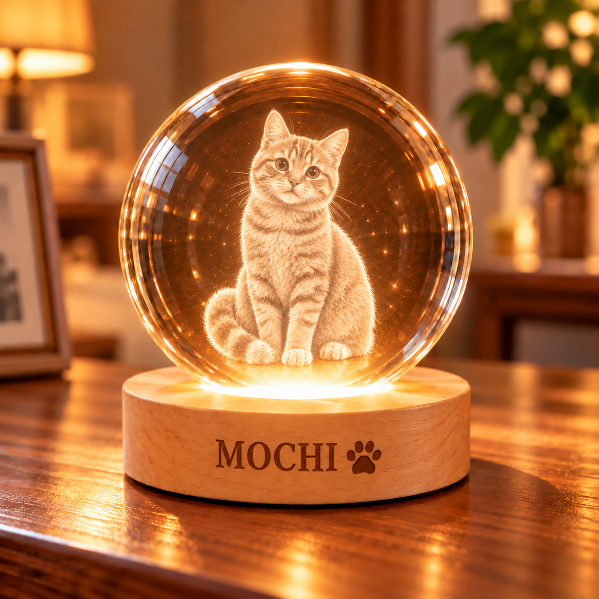橘貓 MOCHI 全身坐姿客製發光內雕水晶球