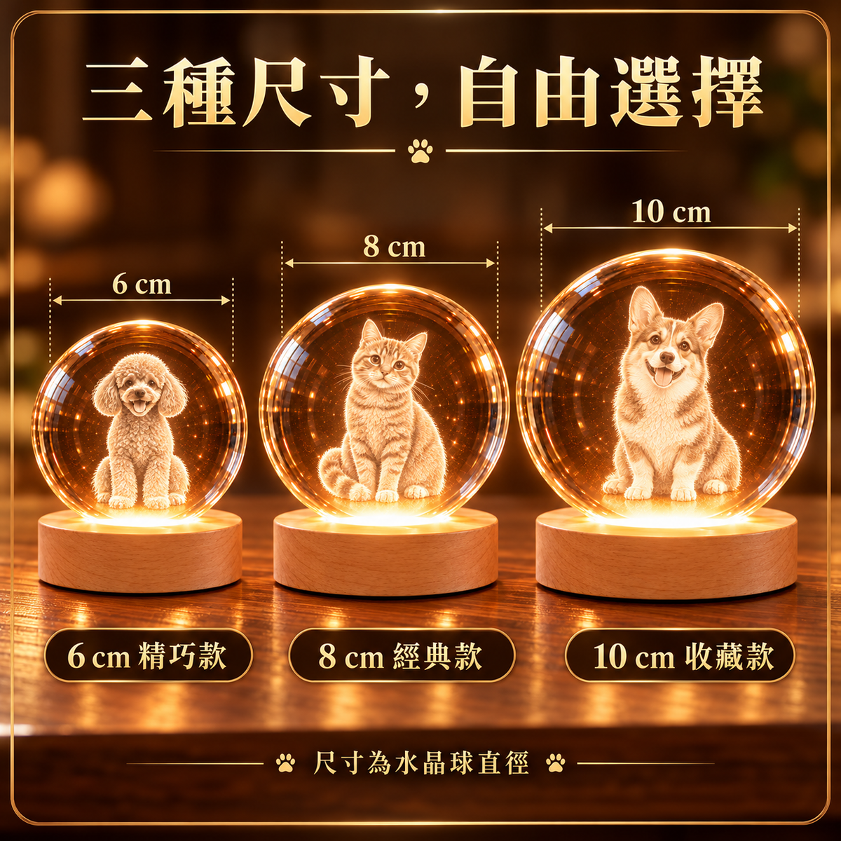 全身坐姿寵物內雕水晶球 6、8、10 公分尺寸比較