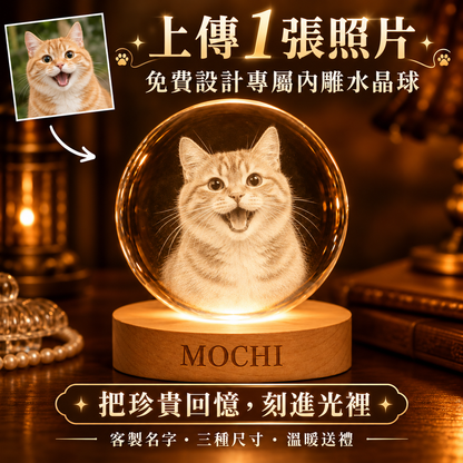 橘貓 MOCHI 來圖客製發光內雕水晶球夜燈