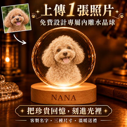 玩具貴賓犬 NANA 來圖客製發光內雕水晶球夜燈