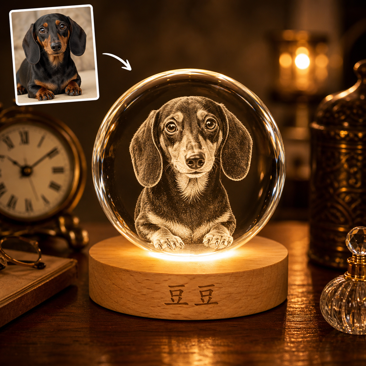 臘腸犬豆豆來圖客製發光內雕水晶球夜燈