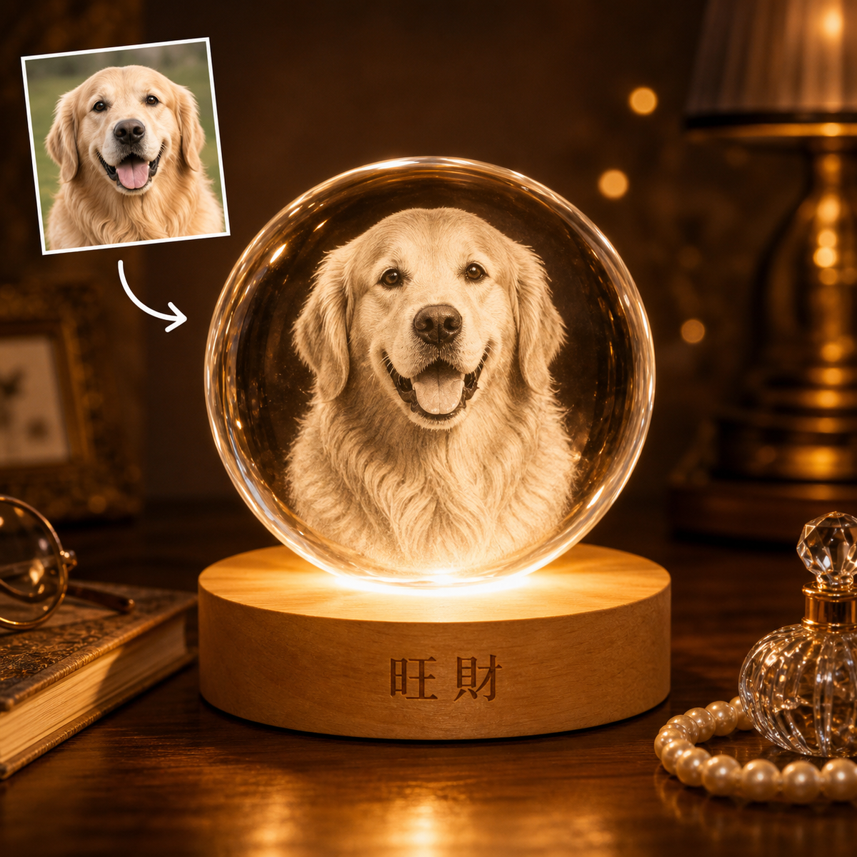 黃金獵犬旺財來圖客製發光內雕水晶球夜燈