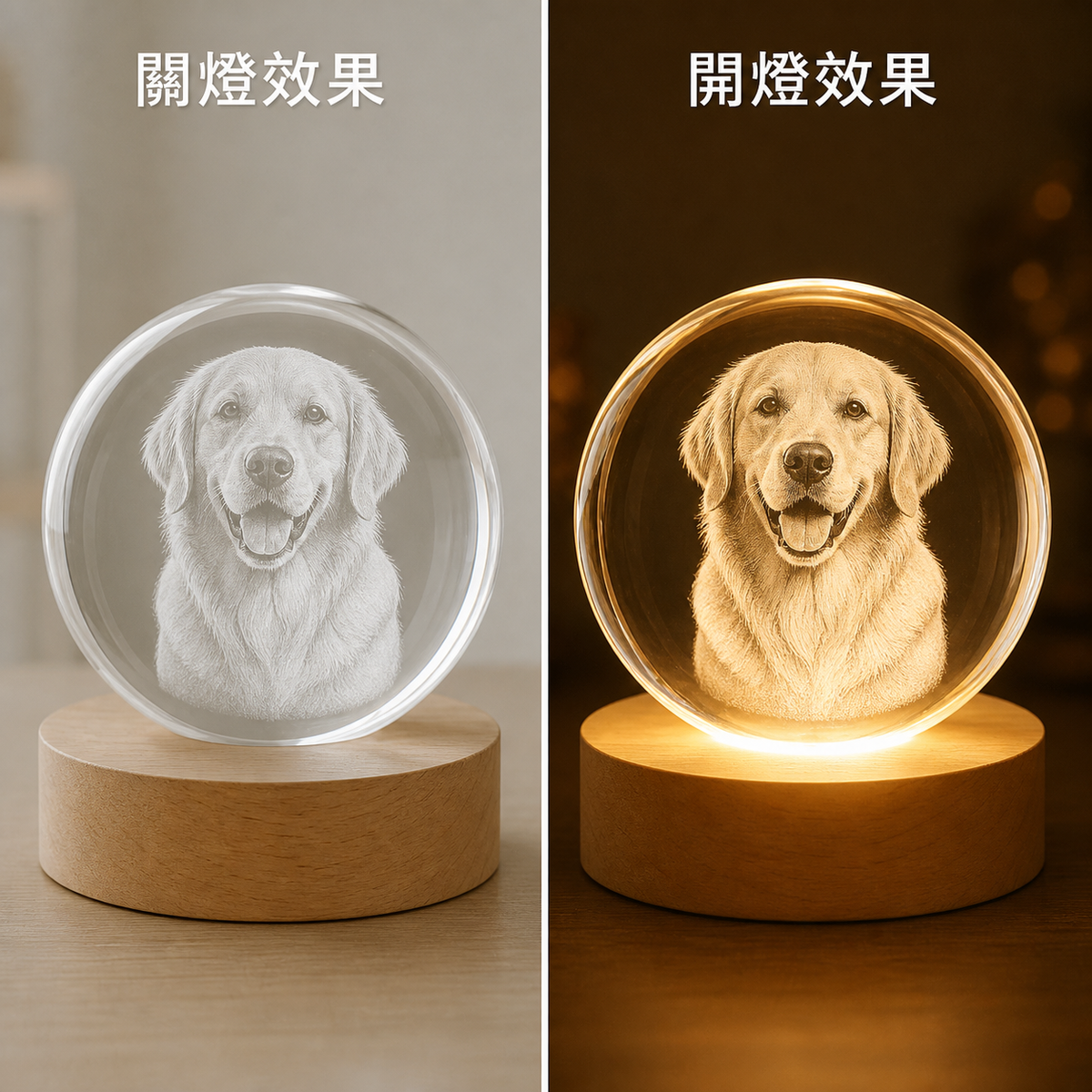發光內雕水晶球夜燈開燈與關燈效果比較