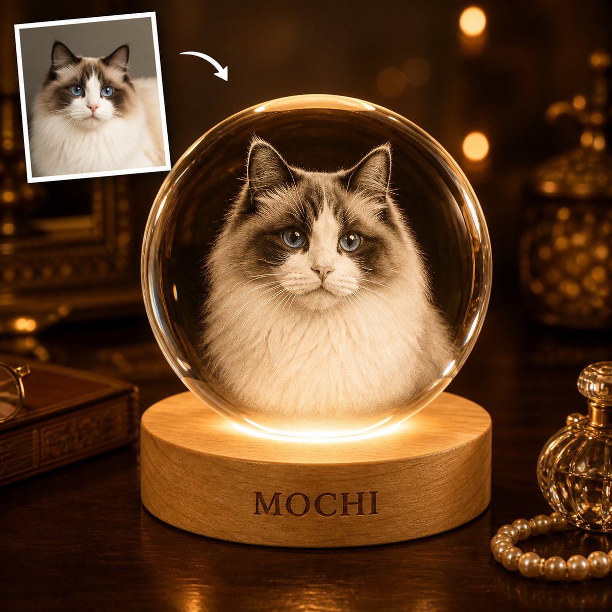布偶貓 MOCHI 來圖客製發光內雕水晶球夜燈