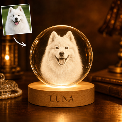 薩摩耶犬 LUNA 來圖客製發光內雕水晶球夜燈