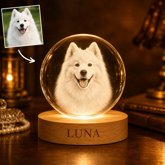 薩摩耶犬 LUNA 來圖客製發光內雕水晶球夜燈