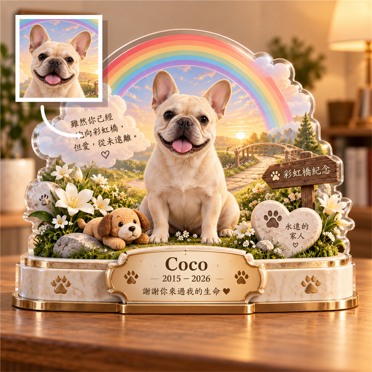 Coco 法國鬥牛犬照片經箭頭轉換為彩虹橋紀念擺件