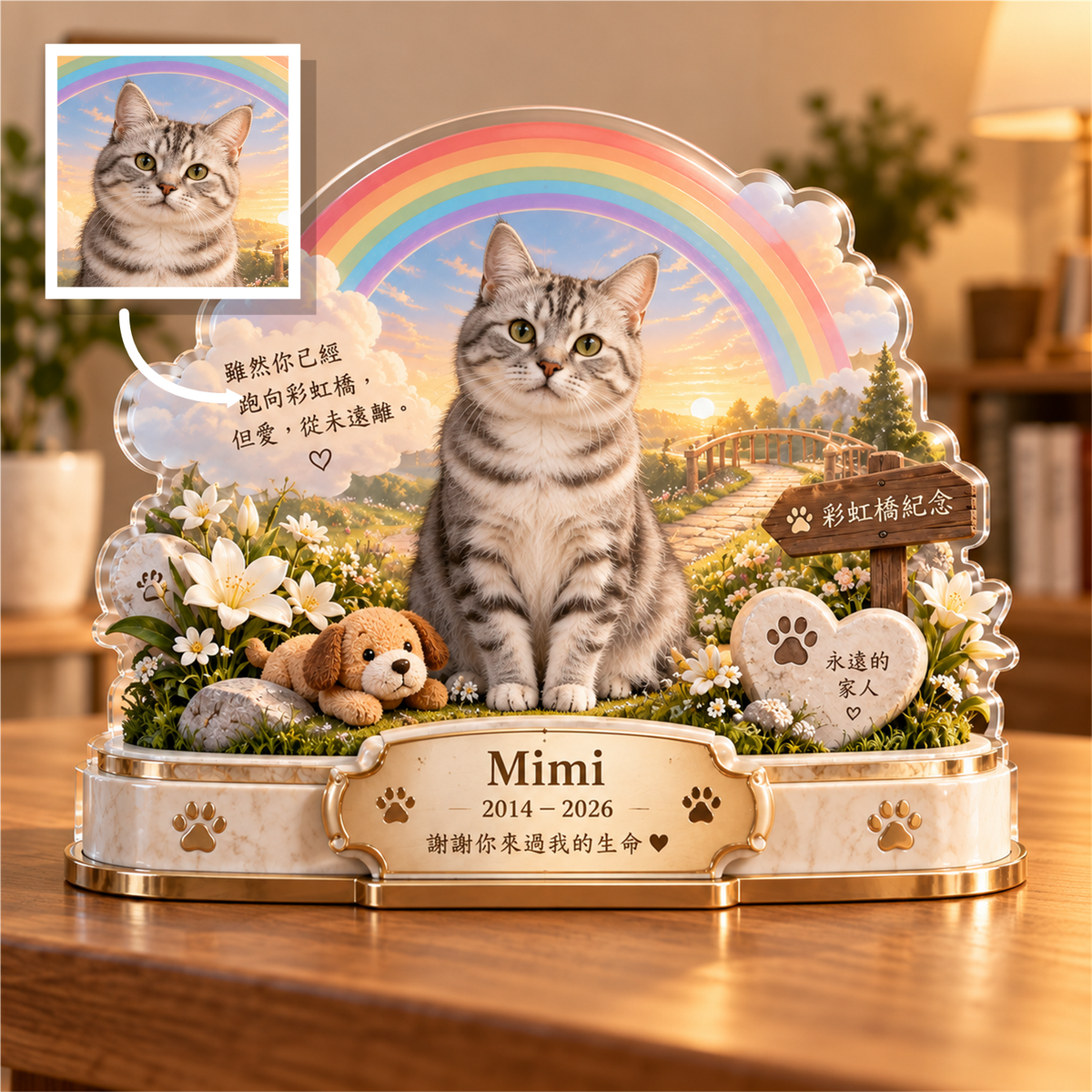Mimi 銀虎斑貓照片經箭頭轉換為彩虹橋紀念擺件