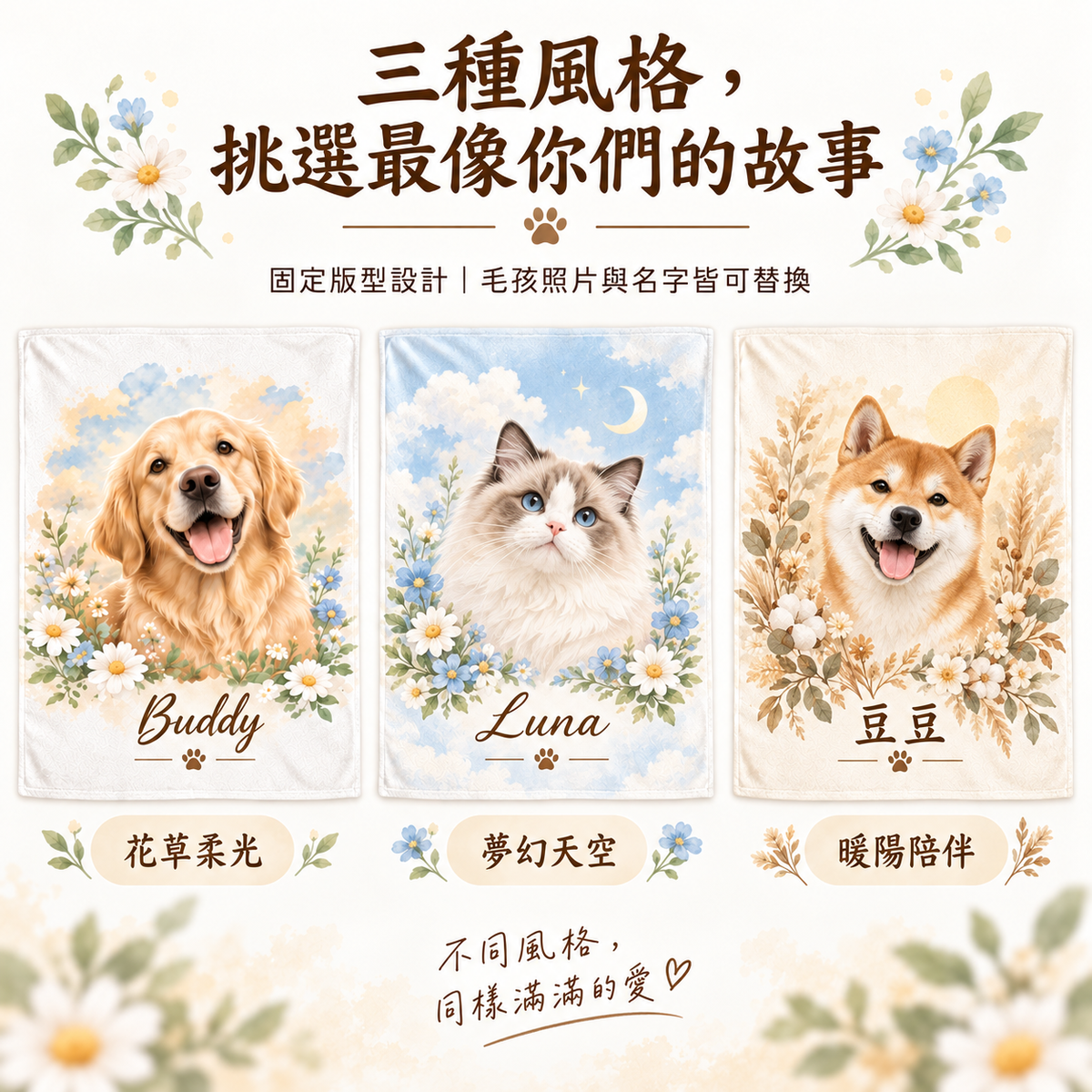 花草柔光夢幻天空暖陽陪伴三種設計風格