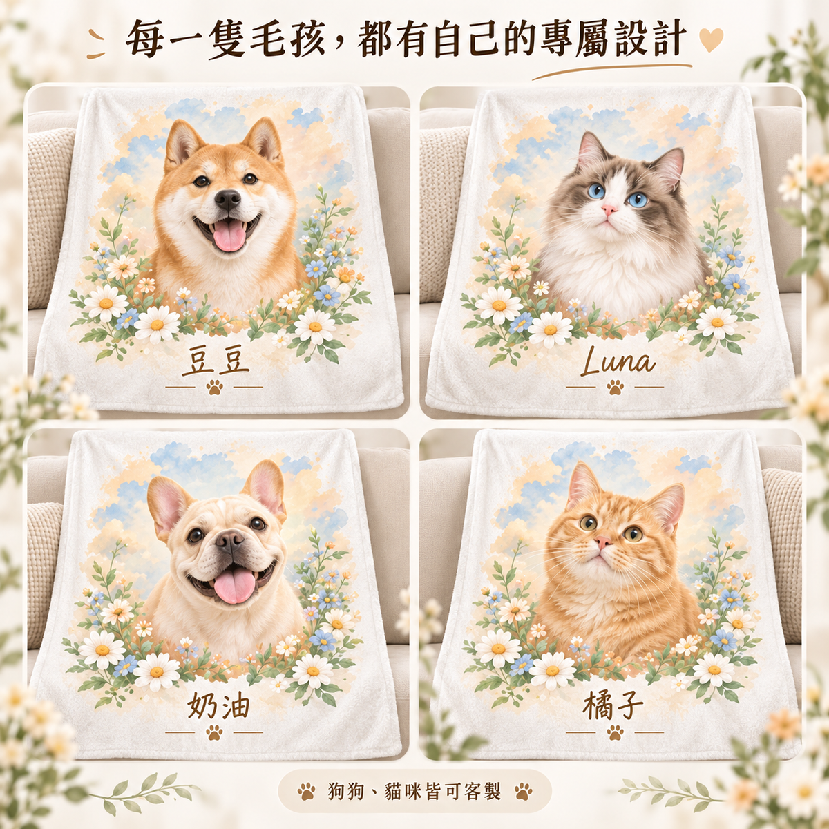 不同狗狗貓咪客製水彩毛毯案例